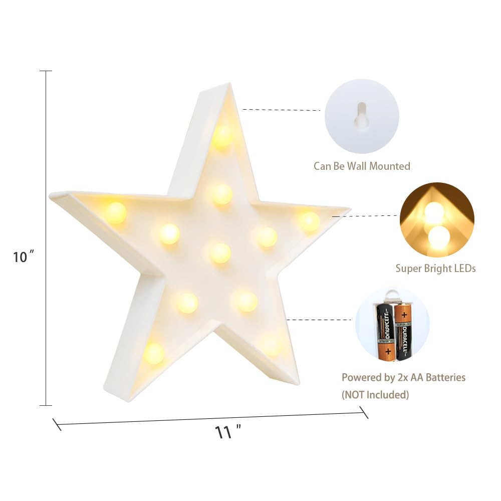 Novelty Place Star Marquee Sign Lights, Warm White LED Lamp - Living Room, Bedroom Table & Wall Christmas Decoration for Kids & Adults - Battery Powered 10 Inches High