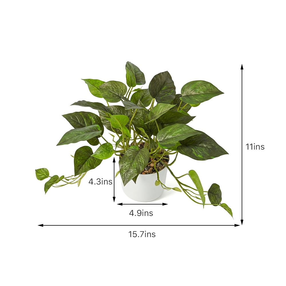 TentoWhan Artificial Plants Faux Pothos with Plastic White Pot Artificial Potted Plant for Home Office Bedroom Indoor Outdoor Decor 1 Pack(Dark Green)