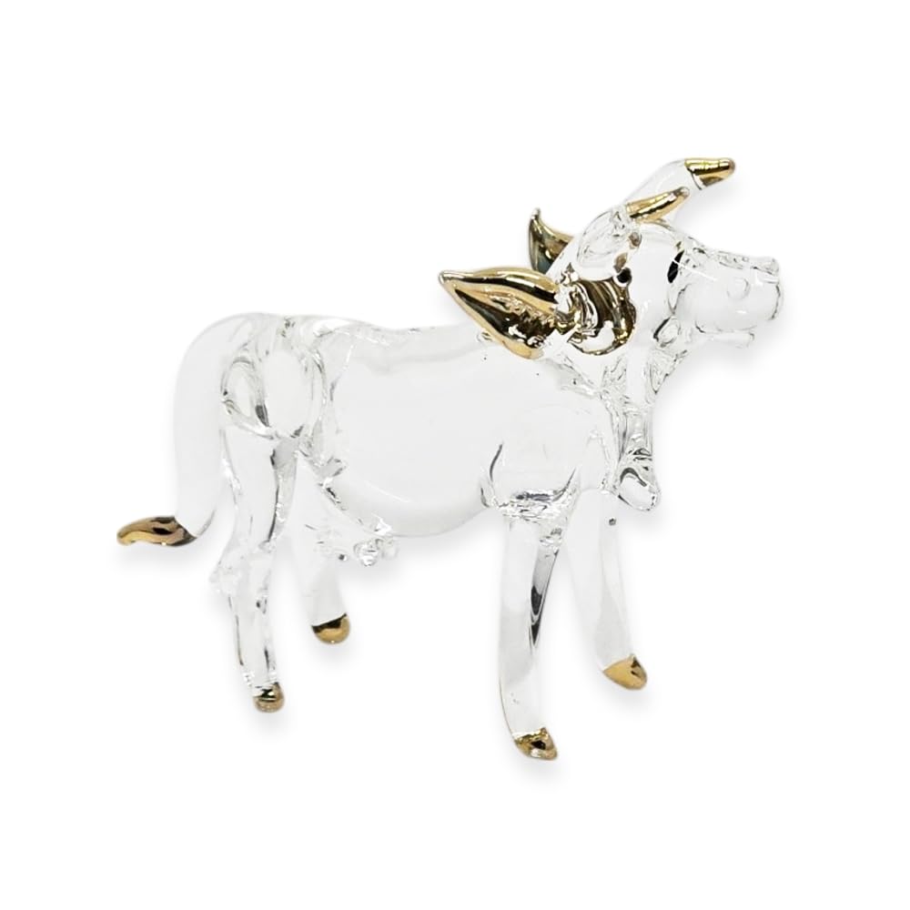 WitnyStore Tiny 2½" Clear Gold Cow Figurine - Miniature Hand Blown Glass Bulls Ox Oxen Bovid Bovine Cattle Farm Animals Small Crystal Decorative Figures Collectible Figurines Home Décor Gifts