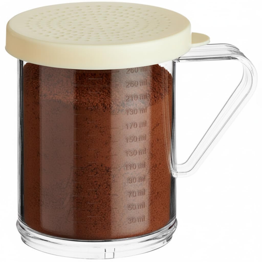 6-Pack 10 oz Polycarbonate Spice Shakers with Beige Lids, Durable Plastic Shaker Set with Measurements & Secure Handle for Finely Ground Spices, Seasonings, & Powder, 2 mm Perforated Lid (6)