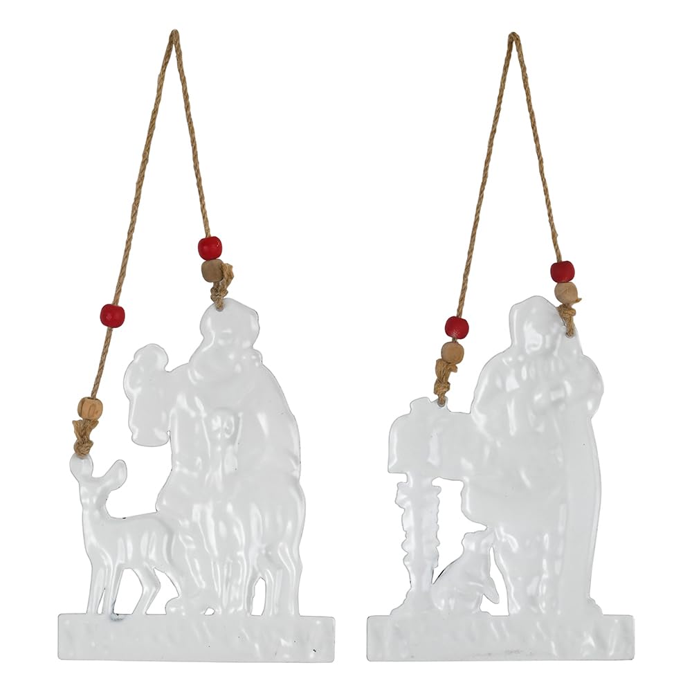Rustic Metal Christmas Ornaments 2-Pack Xmas Hanging Ornaments Embossed Santa Claus Reindeer for Christmas Tree, Fireplace and Wall Decoration