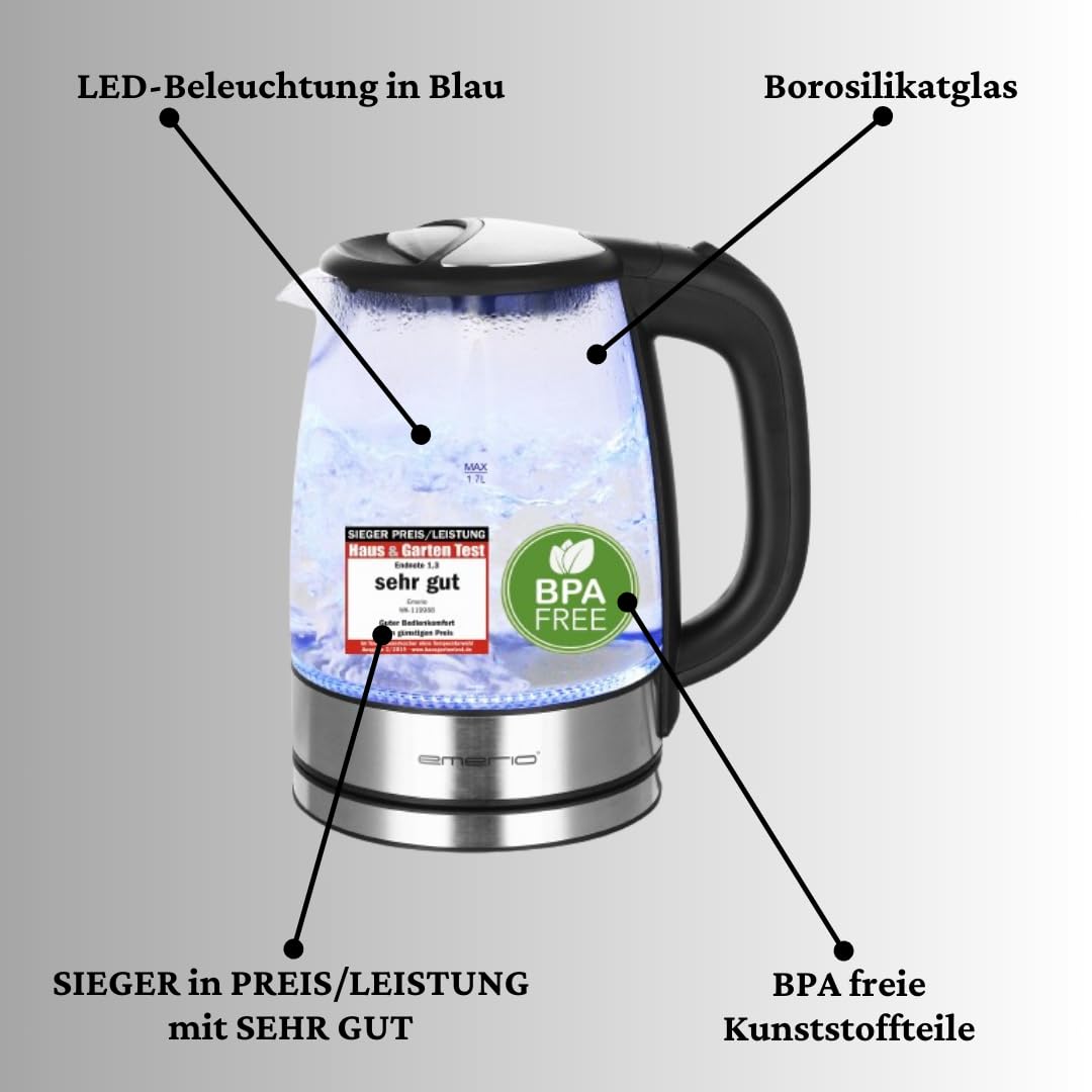 EMERIO Glass Kettle with 1.7 Litre Volume | 2200 Watt | Blue LED Interior Lighting | 360° Base | Winner Price/Performance Home & Garden Test | Best Borosilicate Glass | BPA Free | WK-119988.7