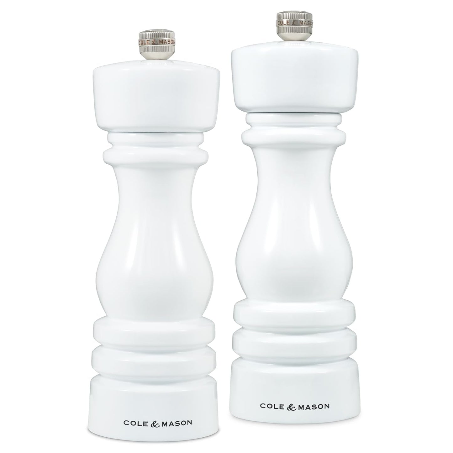 Cole & Mason H233095 London White Gloss Salt and Pepper Mill Set, Precision+ Carbon/Ceramic Mechanisms, Salt and Pepper Grinders with Adjustable Grind, Beech Wood, 180mm, Gift Set