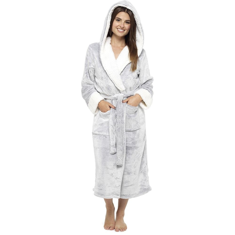 Style It Up Ladies Luxurious Soft Dressing Gown Hooded Plain Fluffy Snuggle Fleece Warm Robe, (GREY, 12-14)