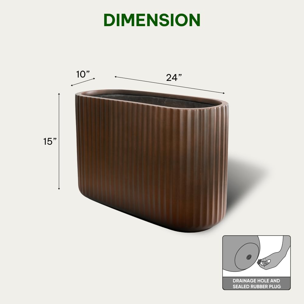 Wil & Vic 89s 15" H x 24" L Sirius Fiberglass Planter, Round Indoor and Outdoor Plant Pot with Drainage Hole, Lightweight, Durable Minimalist Home, Included 2 Extra Coco Mats, Rust
