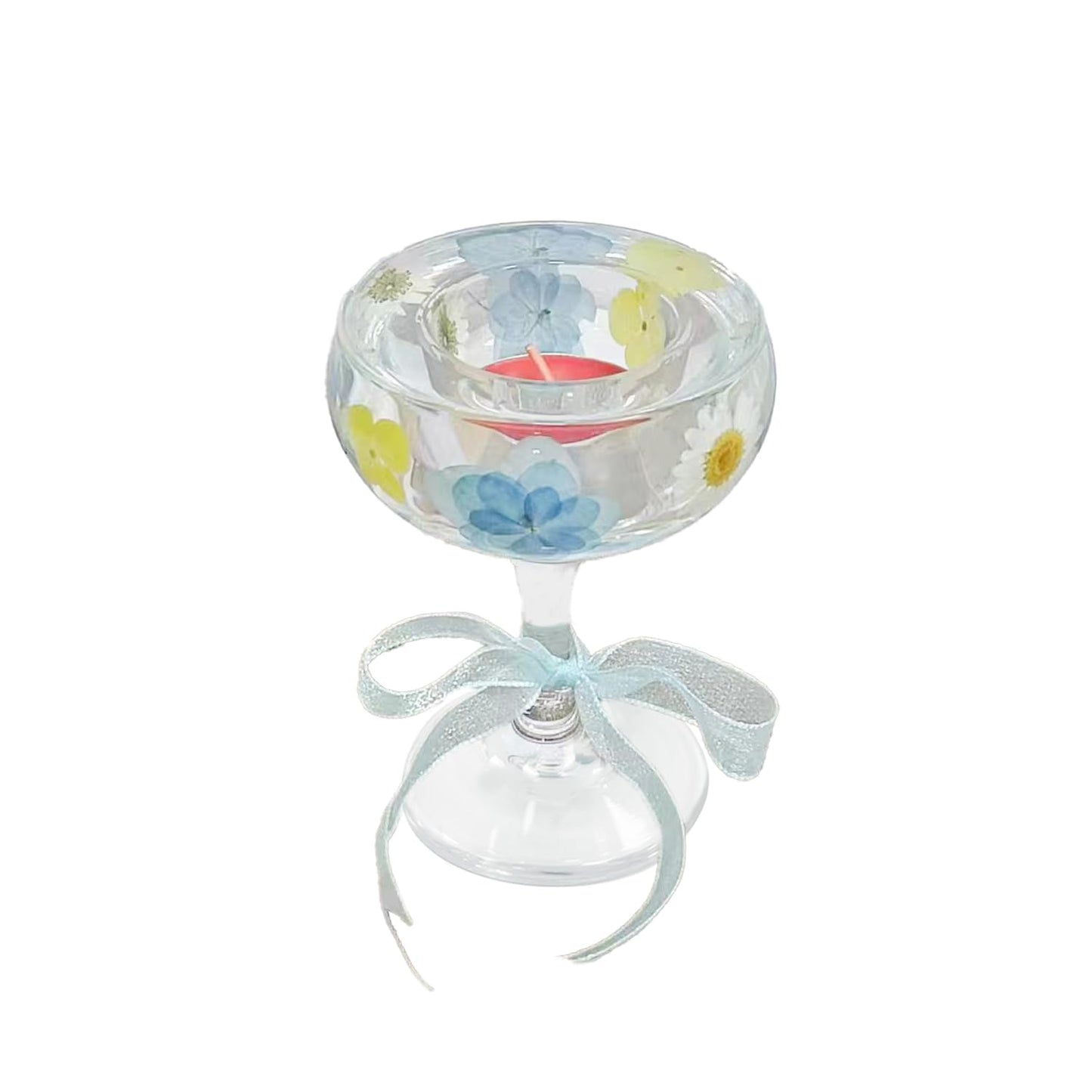 Glass Votive Candle Holders: Clear Candlestick Non-Tip Cups Pedestal Inlaid Dried Real Flowers - Handmade Crystal Modern Candleholders with Anti-Drip Rim for Wedding Centerpiece/Home Décor Gift （blue）