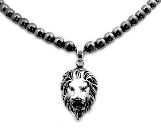Accents Kingdom Men's Hematite Therapy & Healing Stone Round Bead Necklace With Stainless Steel Lion Head Pendant 20"