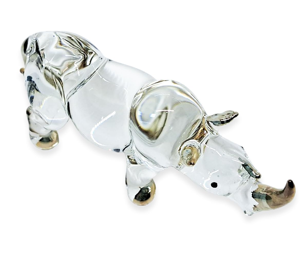 WitnyStore Tiny 5½" Clear Gold Stand Rhino Figurine - Miniature Hand Blown Painted Glass Rhinoceros Tropical Savanna Wildlife Animals Cute Crystal Decorative Figures Collectible Figurines Décor Gifts