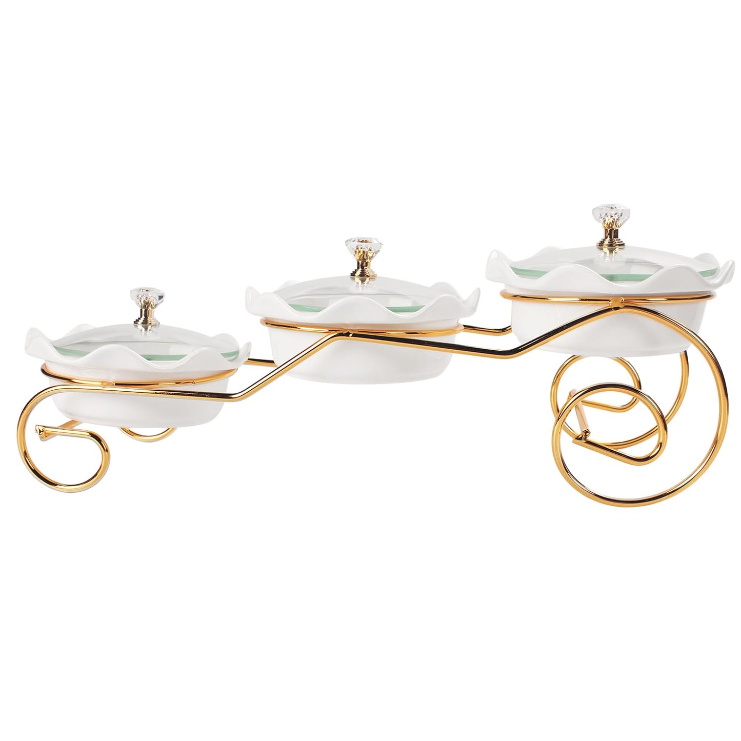 jinsongdafa Ceramic Serving Bowls with glass Lids and metal Platter, 3 Removable Dipping Bowls Relish Tray Nuts Dishes for Appetizer, Fruits, Candy & Condiment, Perfect for Party Entertainment