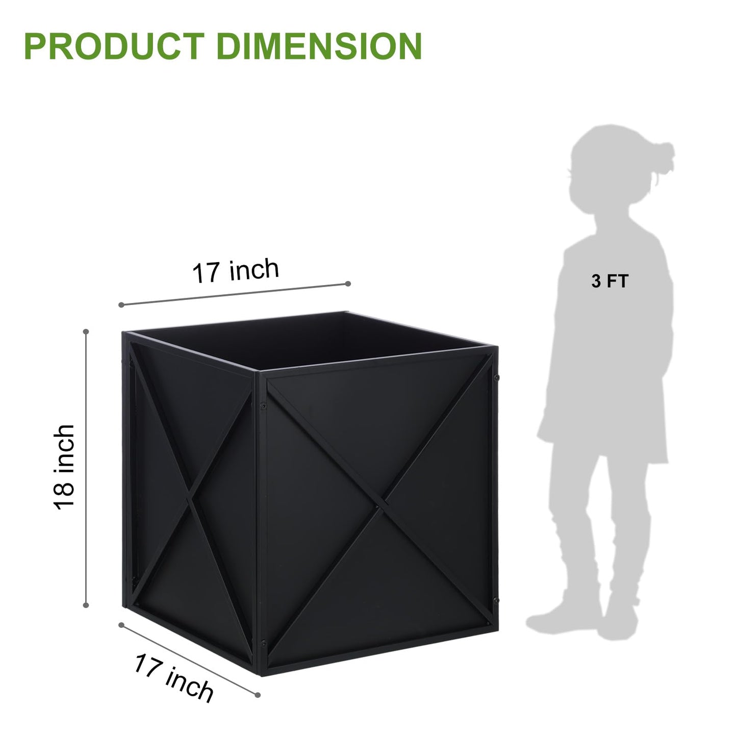 BAYN Metal Square Planter Box Tall Planters for Outdoor Plants Modern Heavy Duty with Drainage Holes for Outside Indoor Patio Deck - Black, 17”x 17”x 18”