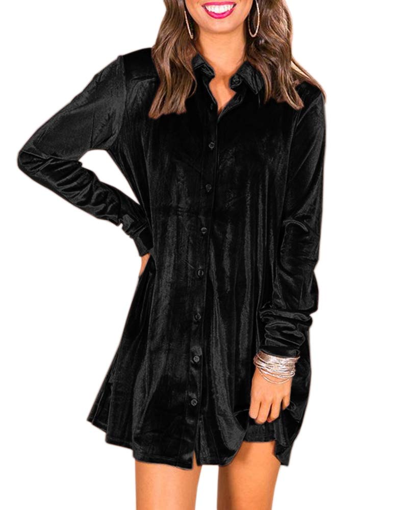 Ivay Women’s Spring Button Down Tshirt Dresses Velvet Tunic Dress with Pockets Army Green