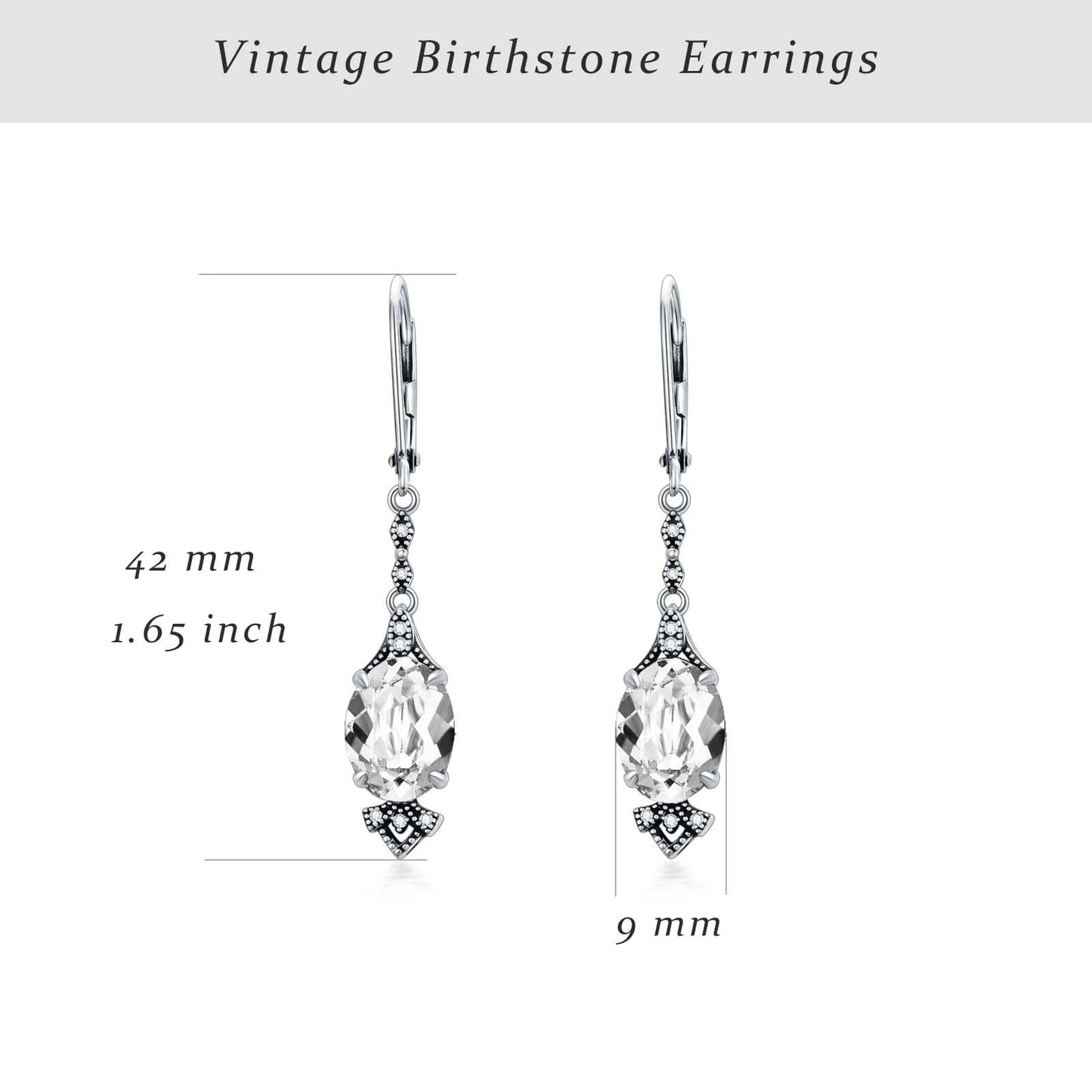 Vintage Clear White Earrings 925 Sterling Silver Retro Antique Looking Leverback Dangle Drop Earrings with Oval April Birthstone, Anniversary Jewelry Gifts for Women