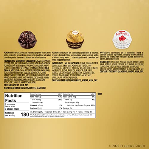 Ferrero Collection, Premium Assorted, Hazelnut, Dark Chocolate and Coconut, 24 Count Holiday Gift Box, 9.1 oz