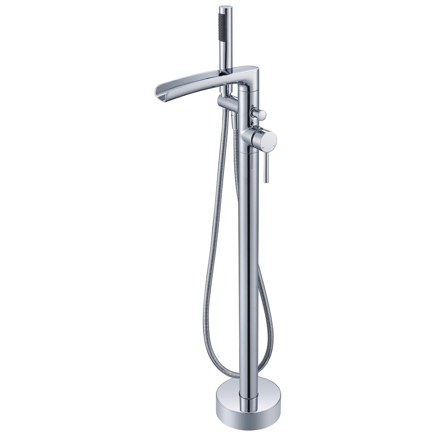 Wowkk Waterfall Freestanding Bathtub Faucet Chrome Floor Mount Tub Filler Brass Single Handle Bathroom Faucets with Hand Shower