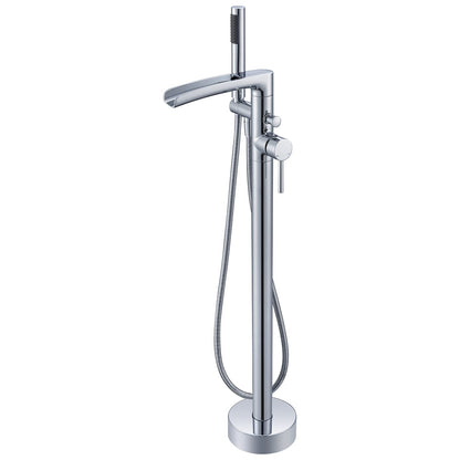 Wowkk Waterfall Freestanding Bathtub Faucet Chrome Floor Mount Tub Filler Brass Single Handle Bathroom Faucets with Hand Shower