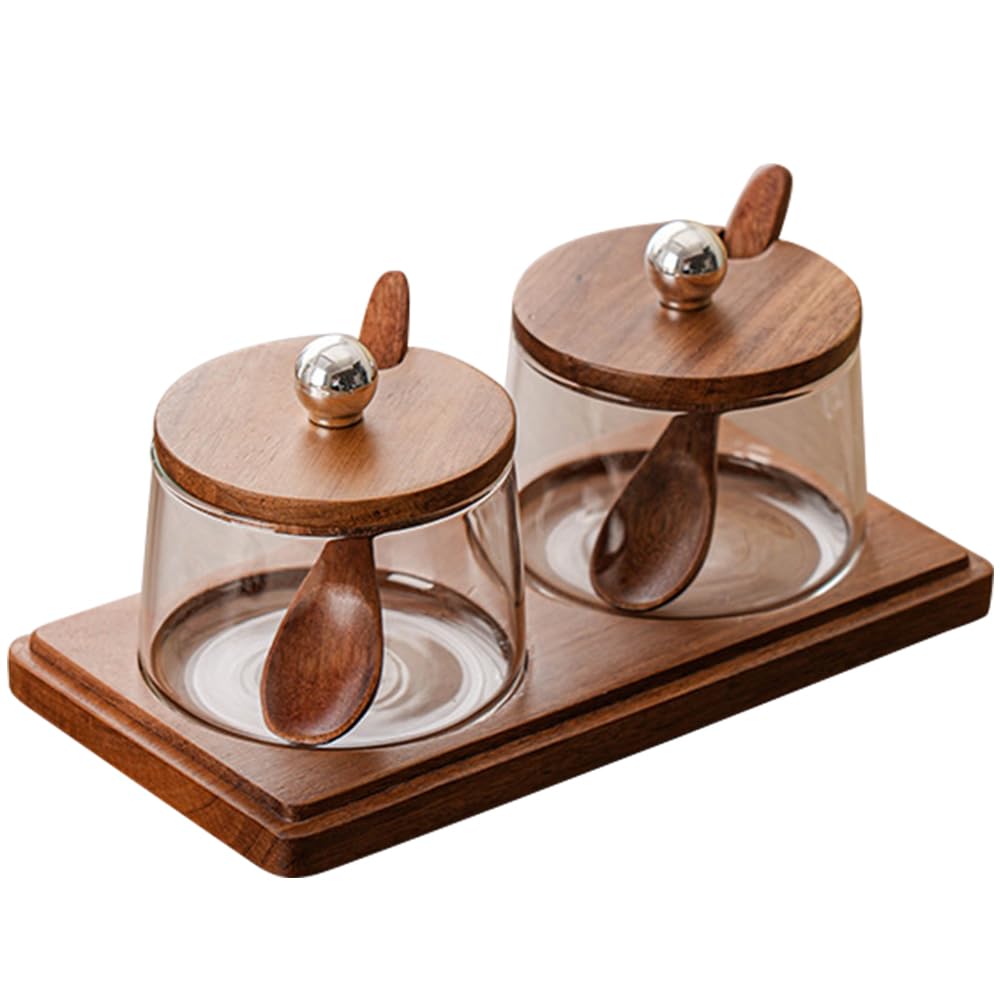 Condiment Containers Set with Acacia Wood Lids and Tray Seasoning Box Condiment Pots Jars with Spoons for Spice Salt Sugar Cruet (Silver Top, 2 Jars with Tray)