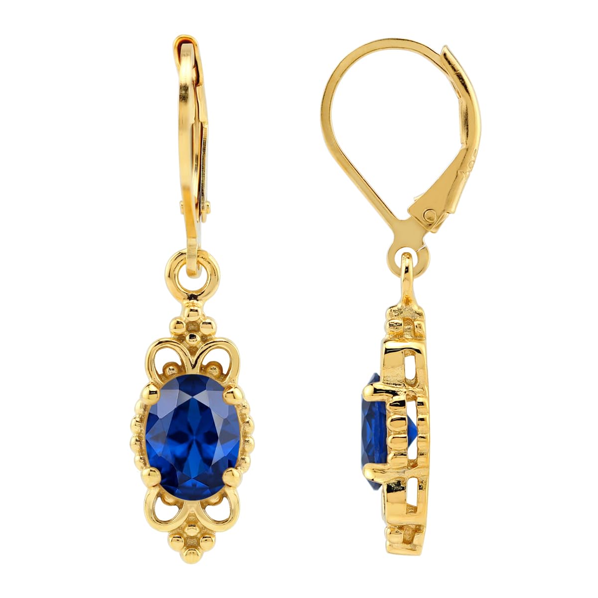 Silvershake 8X6mm Created Oval Shape Blue Sapphire 14K Yellow Gold Plated 925 Sterling Silver Balinese Style Leverback Dangle Earrings September Gemstone Birthstone Jewelry for Women