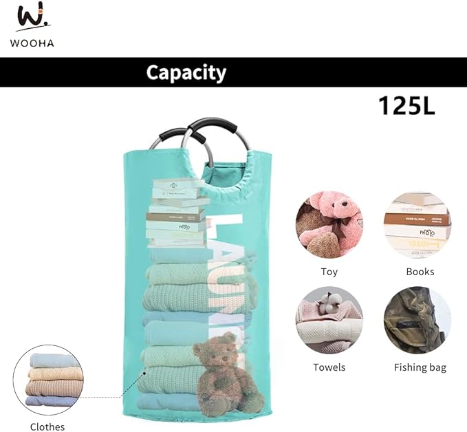 WOOHA 125L Large laundry basket, Collapsible laundry hamper, Tall Clothes