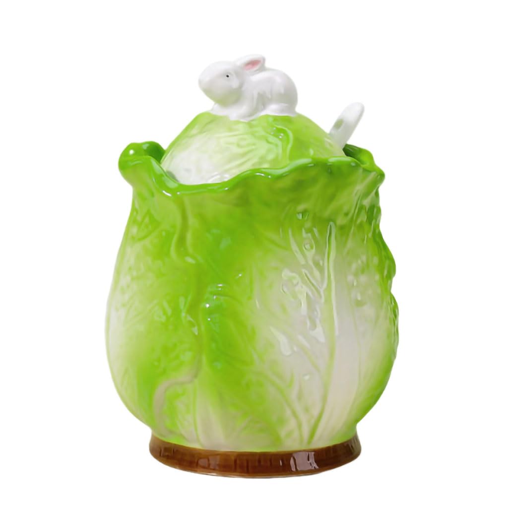 WAIT FLY Cabbage and Rabbit Ceramic Sugar Bowl with Lid and Spoon, Sugar Container, Sugar Jar for Kitchen Countertop, Coffee Bar
