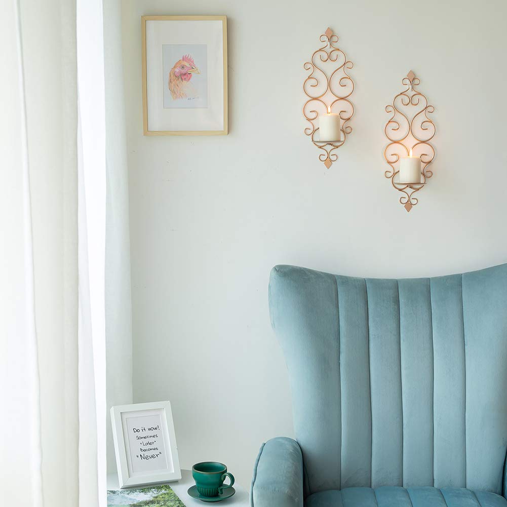 Sziqiqi Iron Wall Candle Sconce Candle Holder Set of 2 Wall Mounted Candle Sconces Holder, for Bedroom Dining Room Decor, Rose Gold