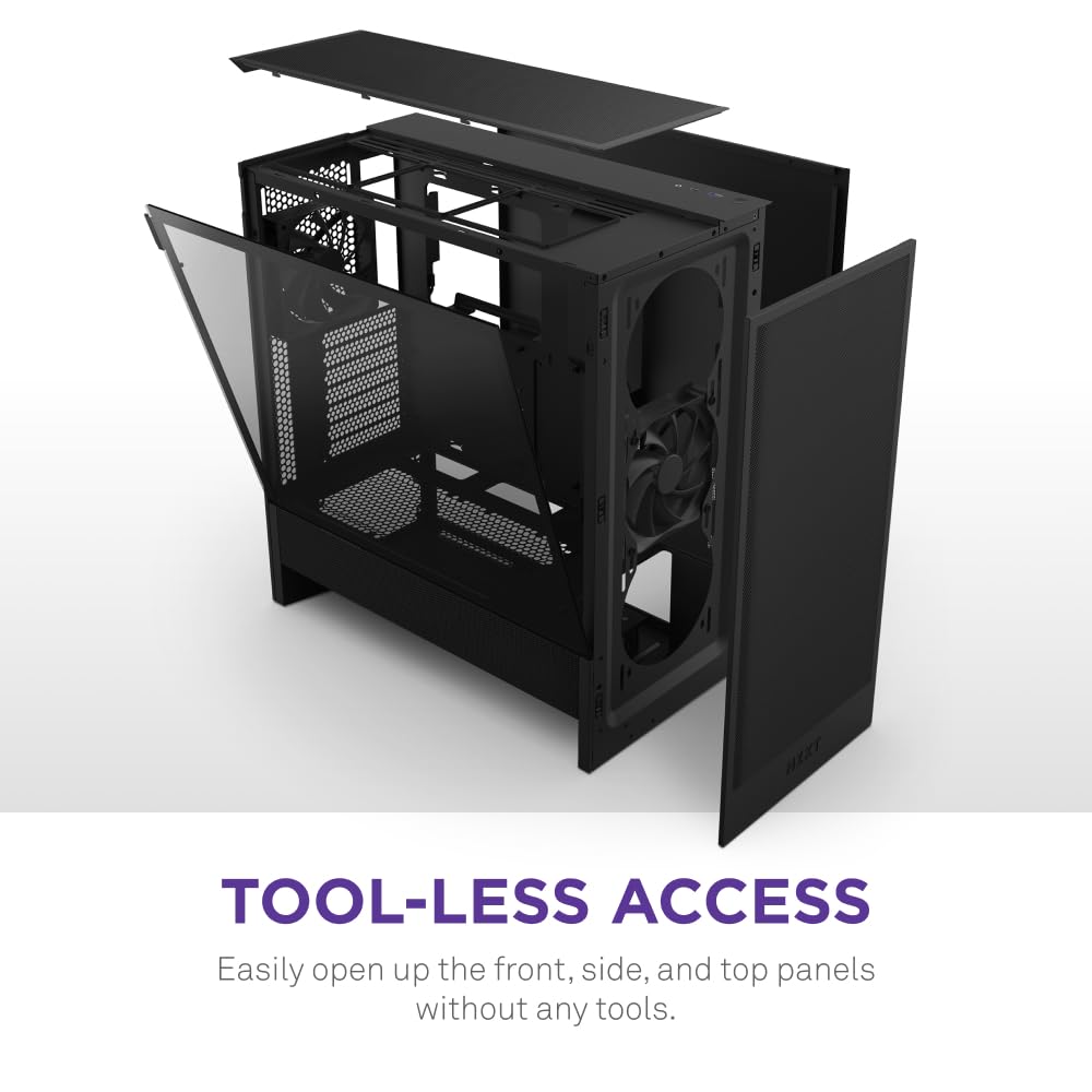 NZXT H5 Flow - Compact ATX Mid-Tower PC Gaming Case - High Airflow - 2 x 120mm Fans Included - 360mm Front & 240mm Top Radiator Support - Cable Management System - Tempered Glass - Black