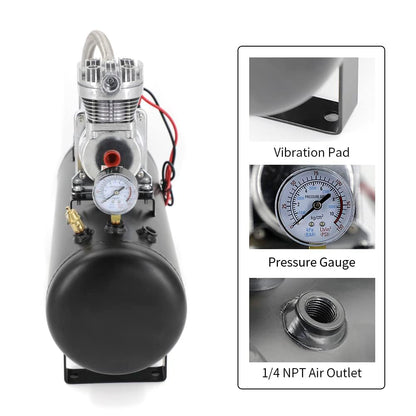 CNRAQR200PSI 12V Heavy Duty Air Train Horn/Air Ride Suspension Compressor with 2 Gallon (8 Liter) Train/Air Horn Tank
