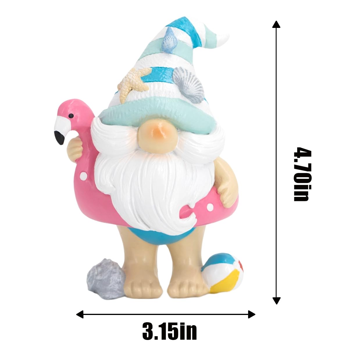 Hodao Coastal Ocean Gnome Decorations – Hand-Painted Resin Beach Gnome Figurine with Flamingo Float, Seashell Hat & Beach Ball, Summer Sea Decor Gift for Indoor Home, Bedroom & Tabletop Ornaments