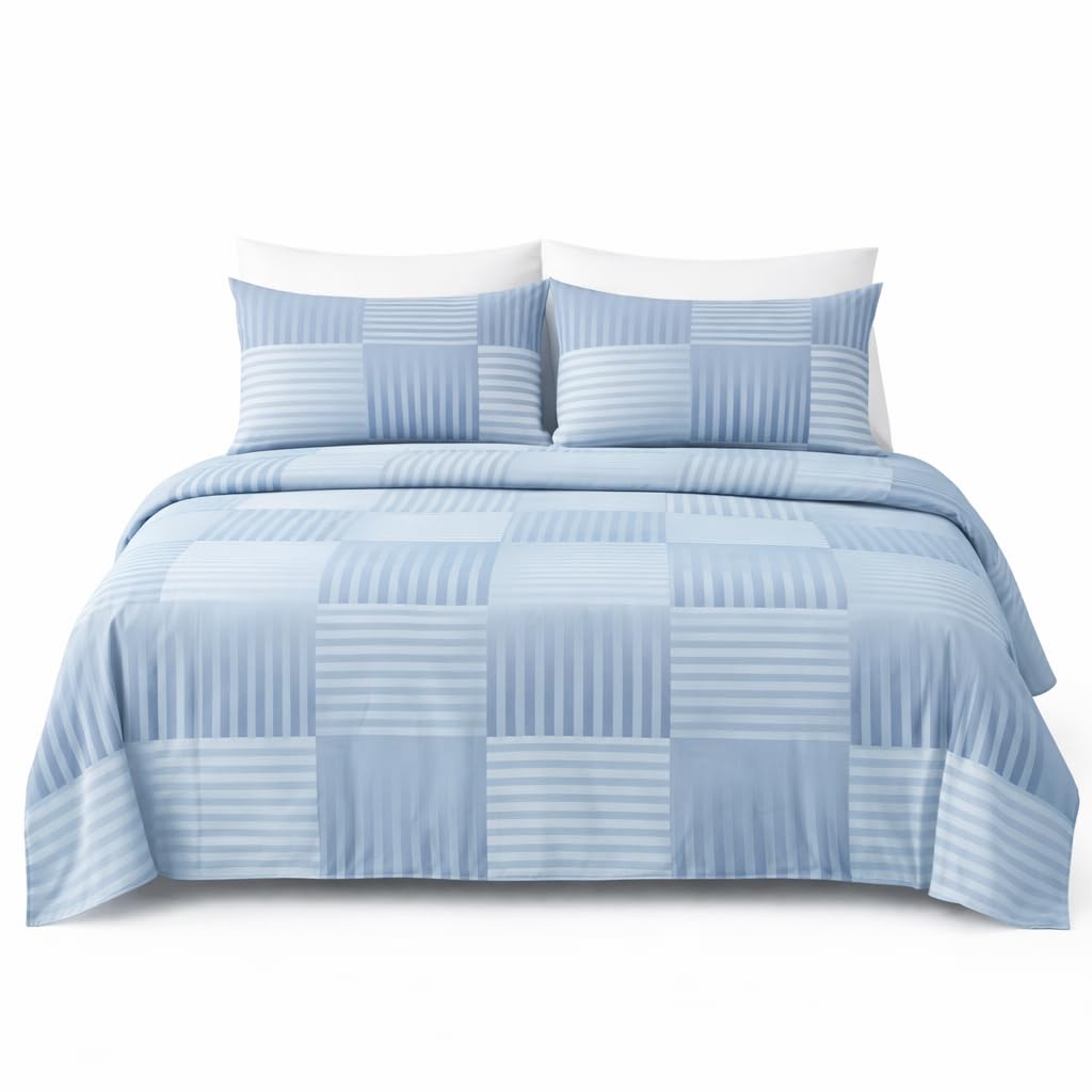 HCORA Striped Queen Sheet Set, Ultra Soft Double Brushed Microfiber Bed Sheets, Deep Pocket, Breathable, Wrinkle Resistant, Easy Care, 4PC, Queen Size