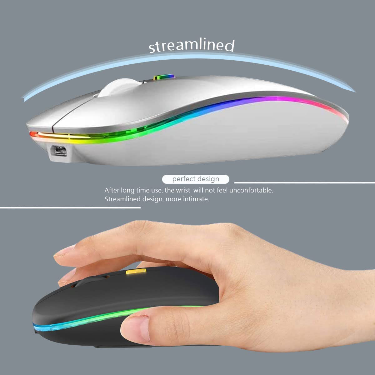 Wireless Bluetooth Mouse Rechargeable Laptop Mice with LED Lights Silent Slim Use(BT5.2 and 2.4G Portable USB Receiver)Dual Mode Computer Mouse for Laptop/iPad/Tablet/Apple/Computer/Mac(Black)