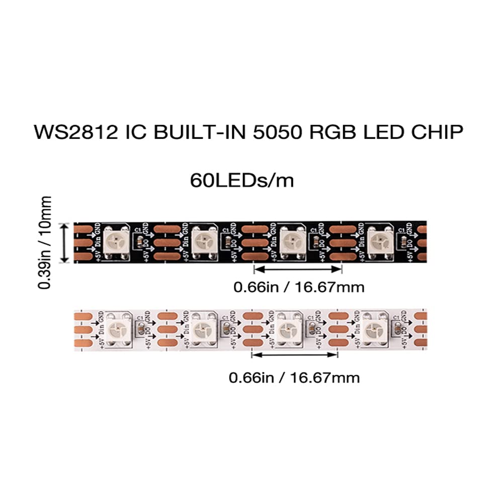 WS2812B LED Strip Individual Addressable Light WS2811 IC WS2812 60Pixels/m SMD 5050 RGB Pixel Strip DC5V (16.4FT 300LEDS Non-Waterproof, White PCB)