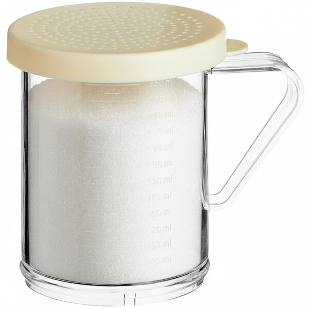 6-Pack 10 oz Polycarbonate Spice Shakers with Beige Lids, Durable Plastic Shaker Set with Measurements & Secure Handle for Finely Ground Spices, Seasonings, & Powder, 2 mm Perforated Lid (6)