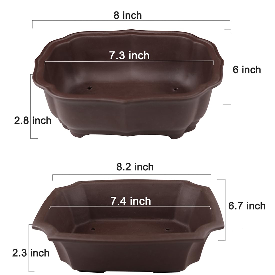 MUZHI 2 Pack 8" Unglazed Ceramic Bonsai Tree Pot Training Planter with Drainage Wiring Hole, Breathable Handmade Zisha Pottery Growing Plant Pot with Mesh Drip Tray Indoor Outdoor