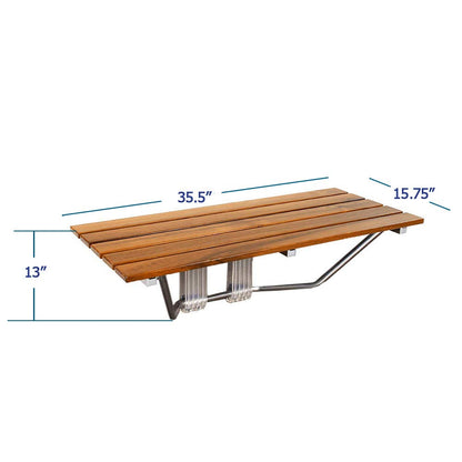 36" Foldable Teak Wood Shower Seat Bench, 400 lb Capacity, (Seating Size: 35.5" W x 15.75" D), Clear-Coated for Extra Protection, Wall Mount Folding Bathroom Stool Chair, Modern Chrome
