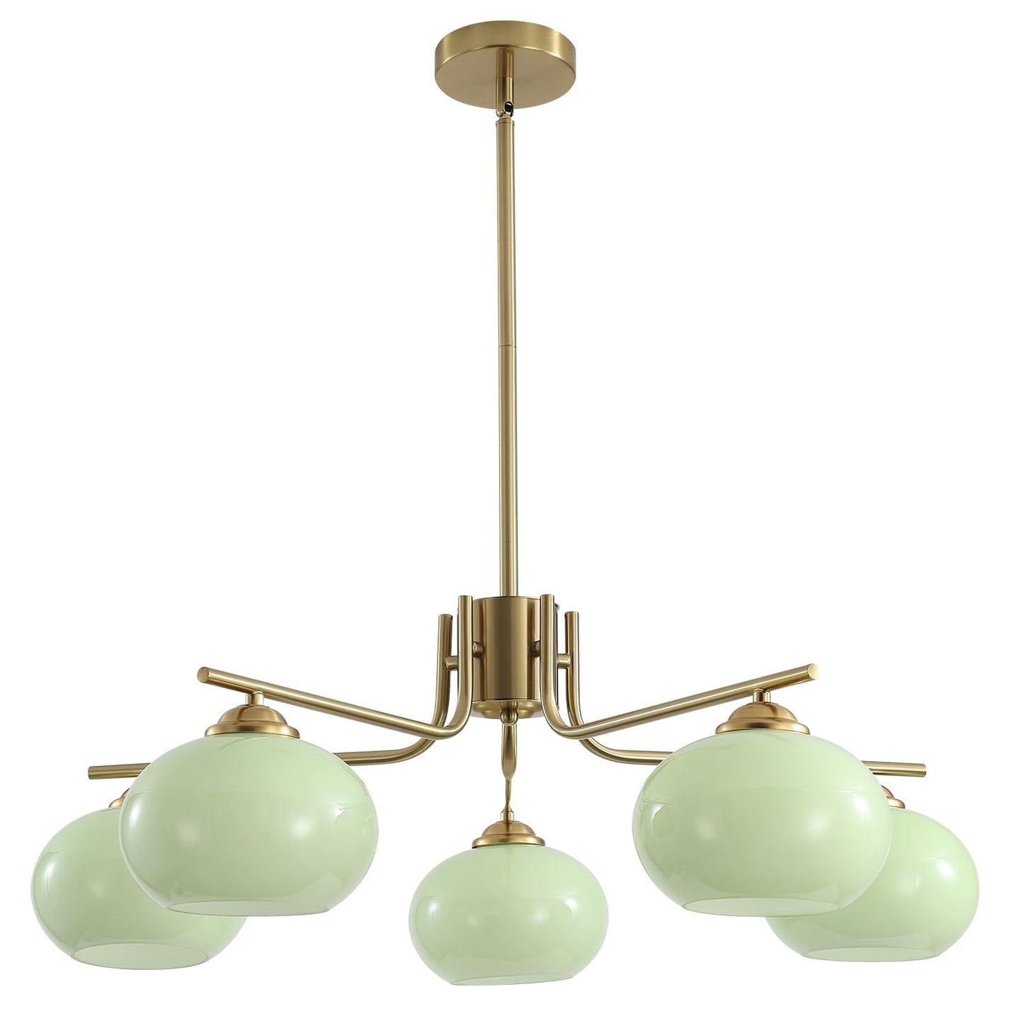 KCO Lighting Green Glass Pendant Light 5 Light Large Globe Chandelier Brushed Brass Sputnik Chandelier Mid Century Modern Chandelier Light Fixture for Dining Room Bedroom