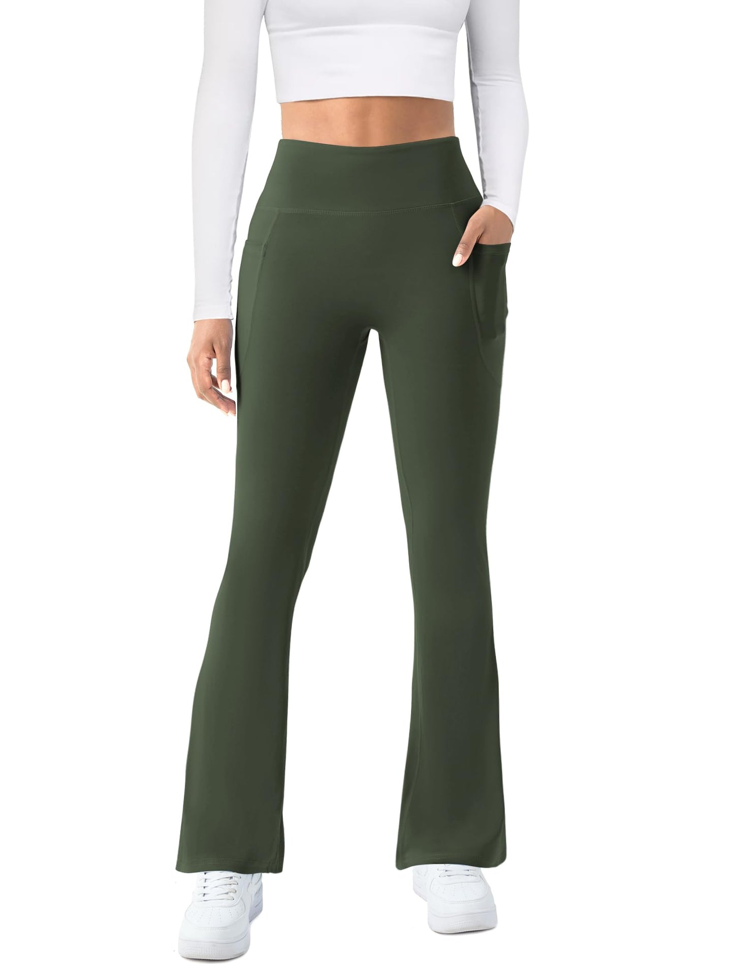 Womens Yoga Pants with Pockets High Waisted Flare Leggings Bell Bottom Yoga Dress Pants Seamless Bootcut Pants