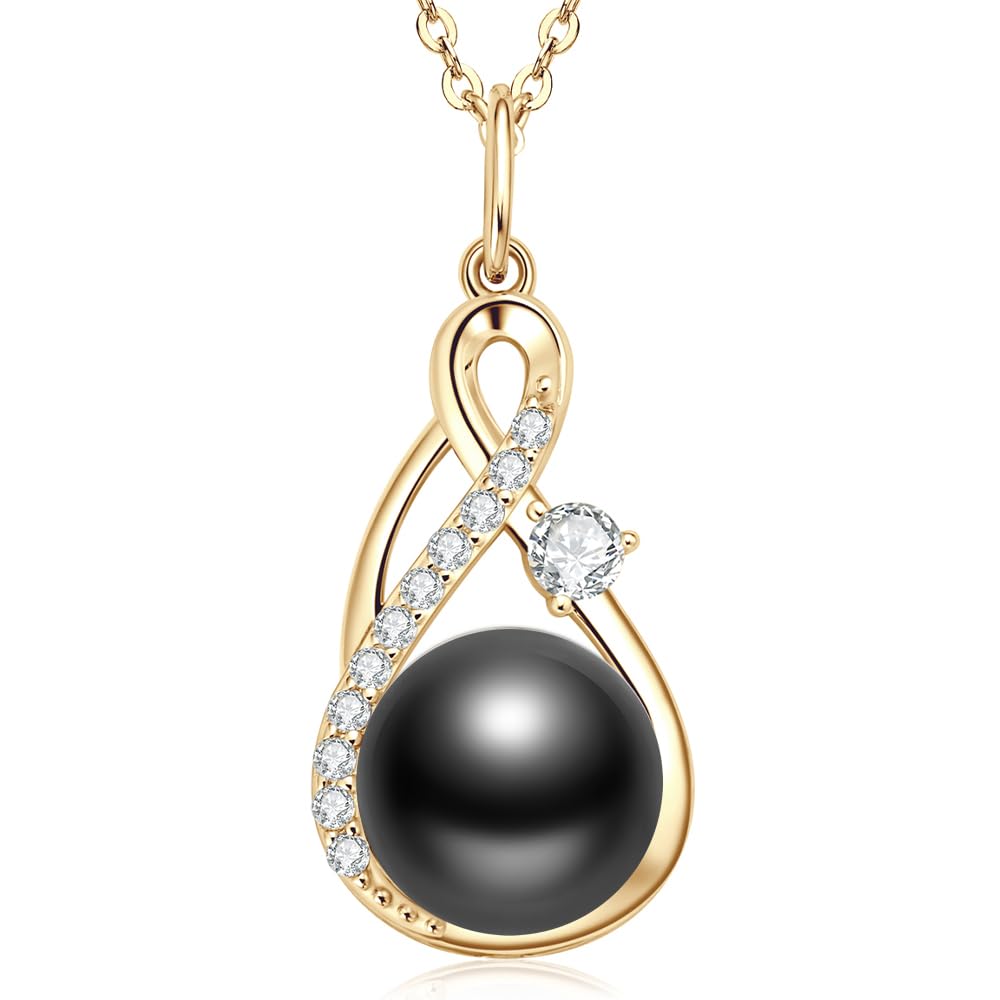 DENGGUANG Genuine Tahitian Black Pearl Necklace for Women, 14K Gold Plated Sterling Silver Infinity Pearl Pendant Necklace with Moissanite, Anniversary Birthday Mothers Day Jewelry Gift for Mom Wife