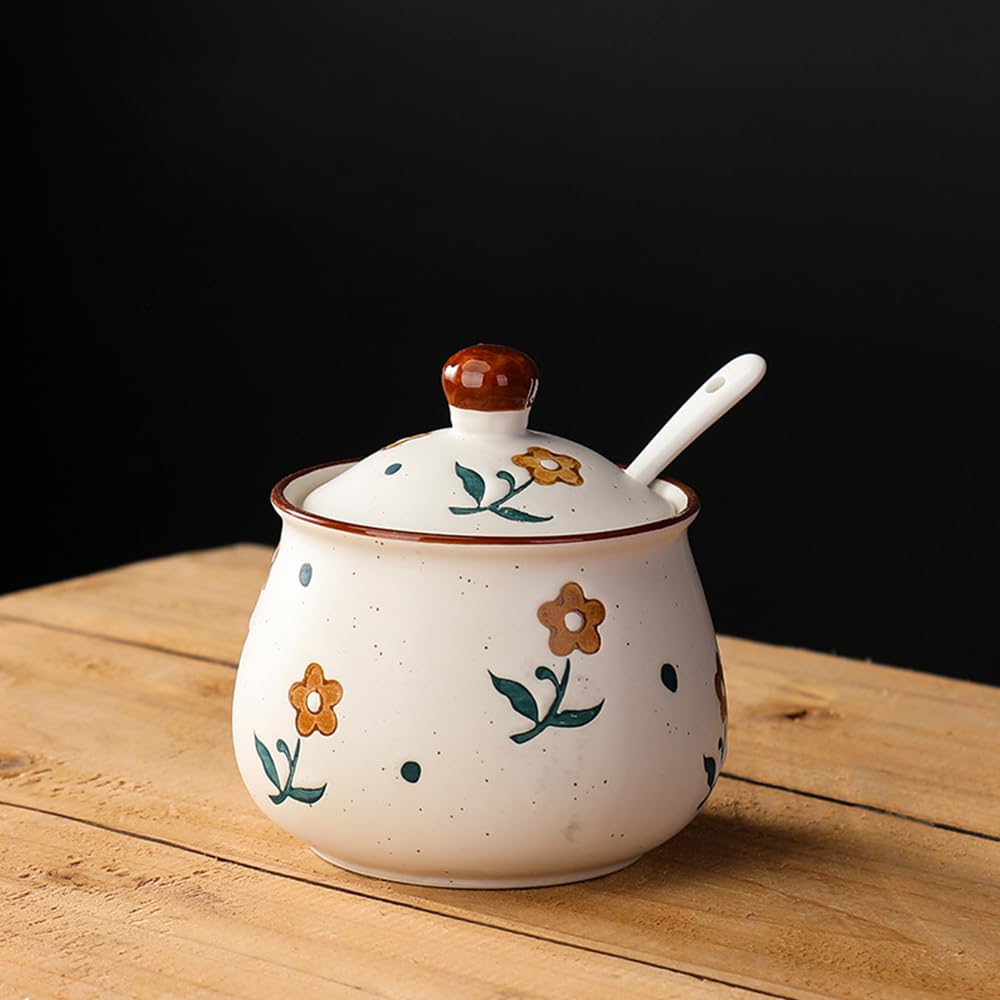Lifenanny Sugar Bowl with Lid and Spoon, 300ml Floral Ceramic Condiment Jars Pots 10 OZ Spice Container Seasoning Canisters Box for Kitchen Coffee Bar, Yellow Flower