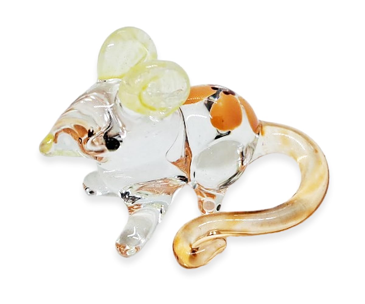 WitnyStore Tiny 1⅜" Clear Mouse Yellow Flower Figurine - Miniature Hand Blown Painted Glass Mice Rat Shrew Rodent Small Crystal Animals Cute Decorative Figures Collectible Figurines Home Décor Gifts