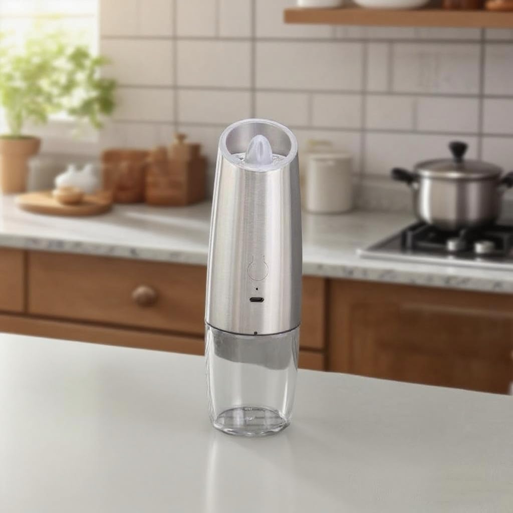 Electric Gravity Activated Salt and Pepper Grinder, Stainless Steel, Automatic Battery Operated; USB Rechargable, Adjustable Coarseness, One-Handed Operation with LED Light