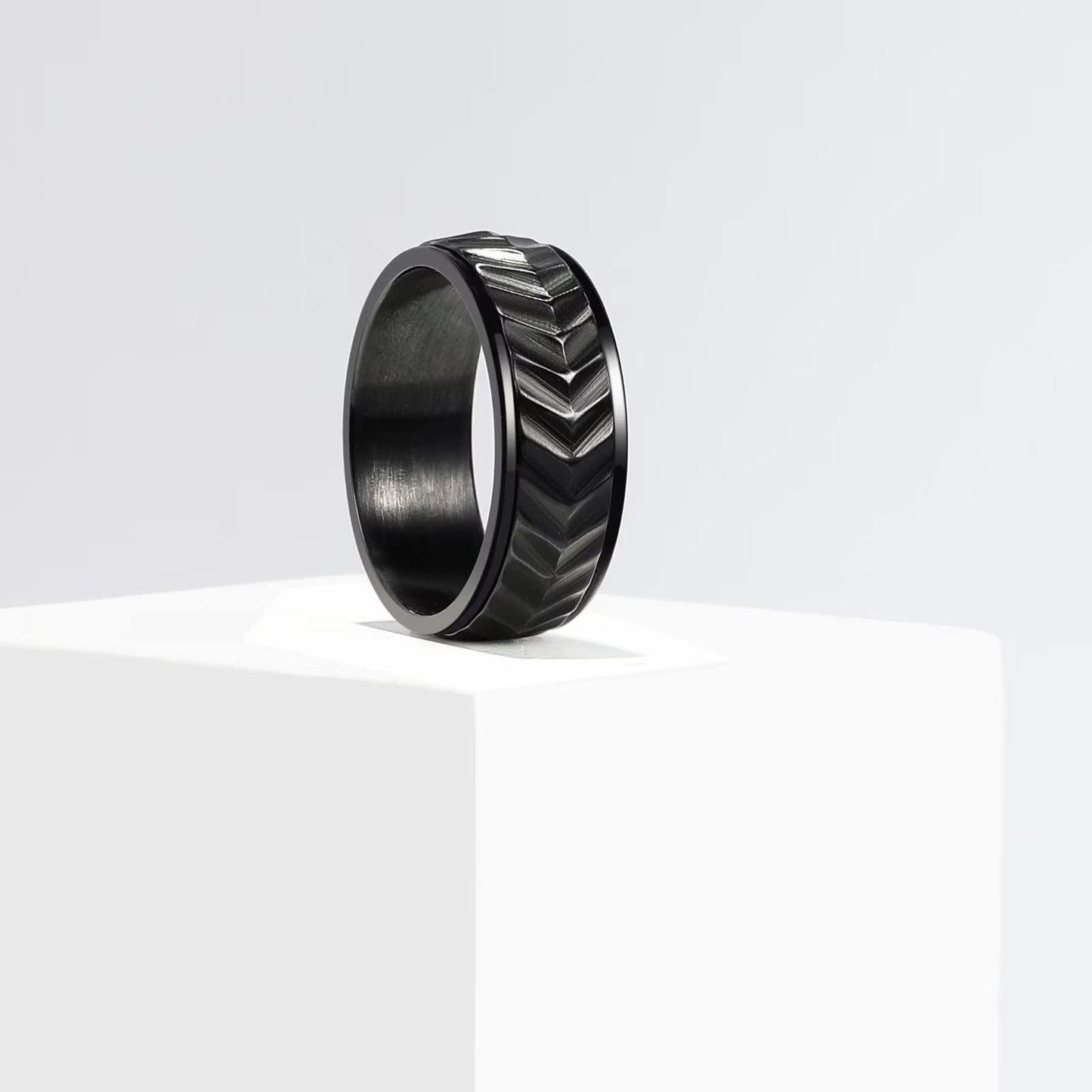King Will Mens Black 8mm Spinner Rings Tire Stripe Groove Stainless Steel Anxiety Fidget Ring for Men 13