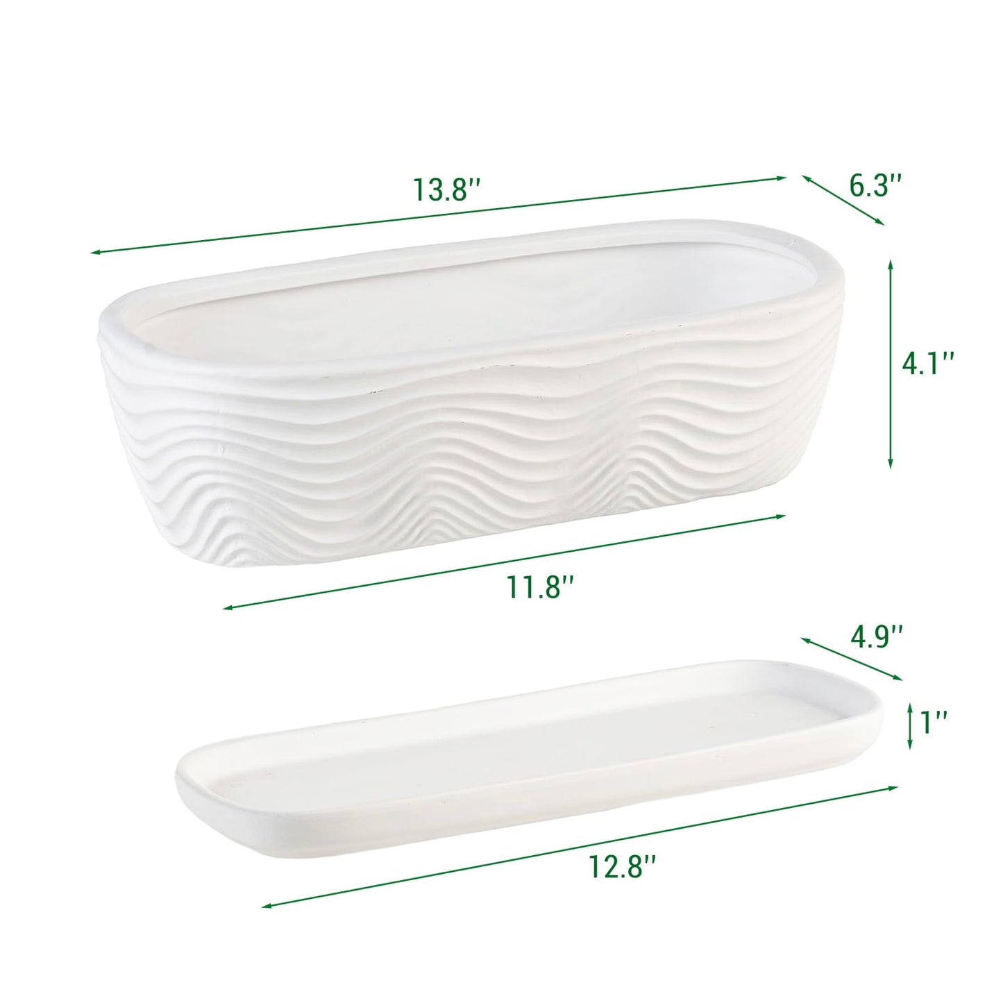 MyGift 12.5 inch Ceramic Planter, Modern Textured Rectangular Succulent Flower Plant Pot with Wave Design and Removable Drip Tray Saucer (White)