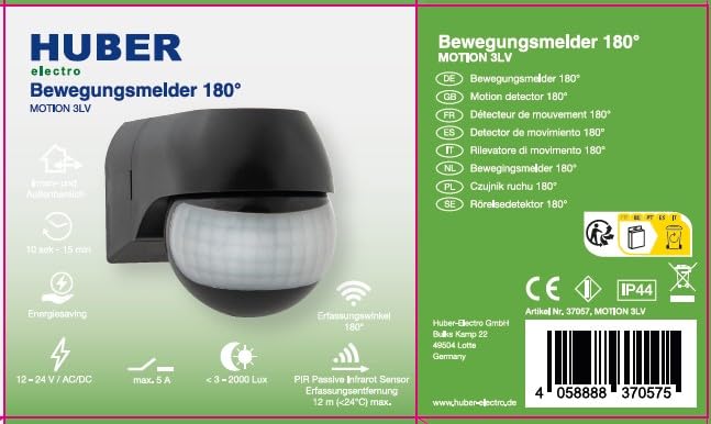 HUBER Motion 3LV Compact Infrared Motion Sensor 180° IP44 I 12-24V AC DC Potential Free Contact Motion Sensor LED Suitable Horizontal/Vertical Adjustable Anthracite