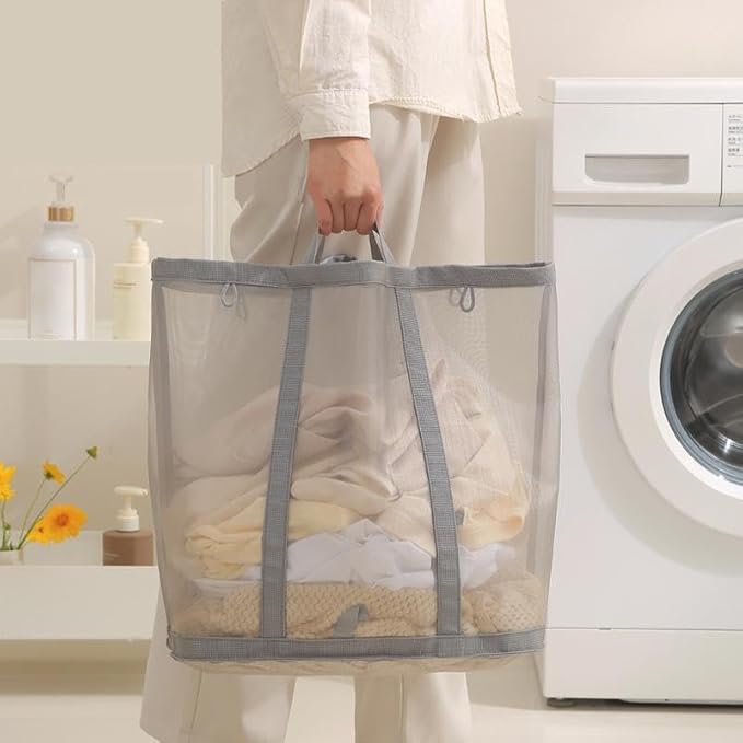 Mesh Bag with Handles, Collapsible Laundry Basket, Foldable Laundry Bag