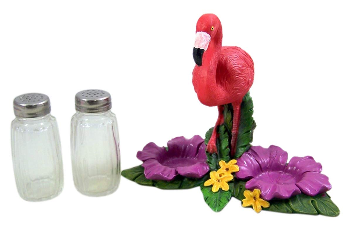 De Leon Collections Polyresin Tropical Pink Flamingo on Palms Floral Coastal Living Salt and Pepper Shaker Holder Set