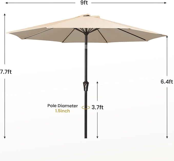 MEWAY 9ft Patio Umbrella Outdoor Table Umbrellas with Push Button Tilt and Crank, Market Umbrella 8 Sturdy Ribs for Deck, Garden, Pool and Backyard, Cream Beige