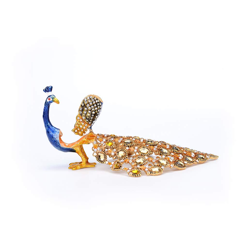 Furuida Trinket Box with Hinged Blue Peacock Crystal Ornament Decorative Hinged Jewelry Box Ring Store Luxurious Gift for Home Decor