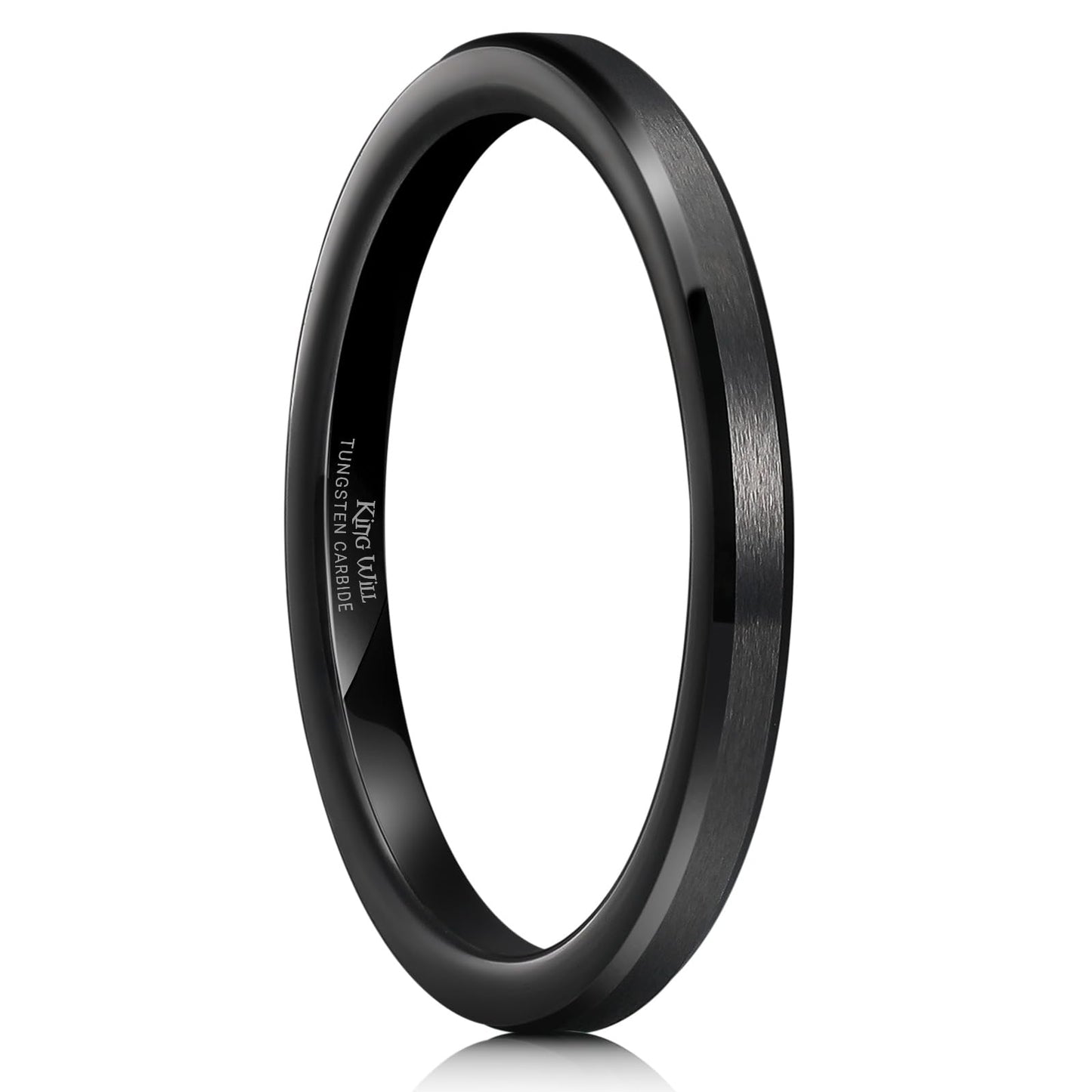 King Will 2mm Black Tungsten Men's Wedding Band - Brushed Matte Finish, Beveled Polished Edge, Comfort Fit Size 14
