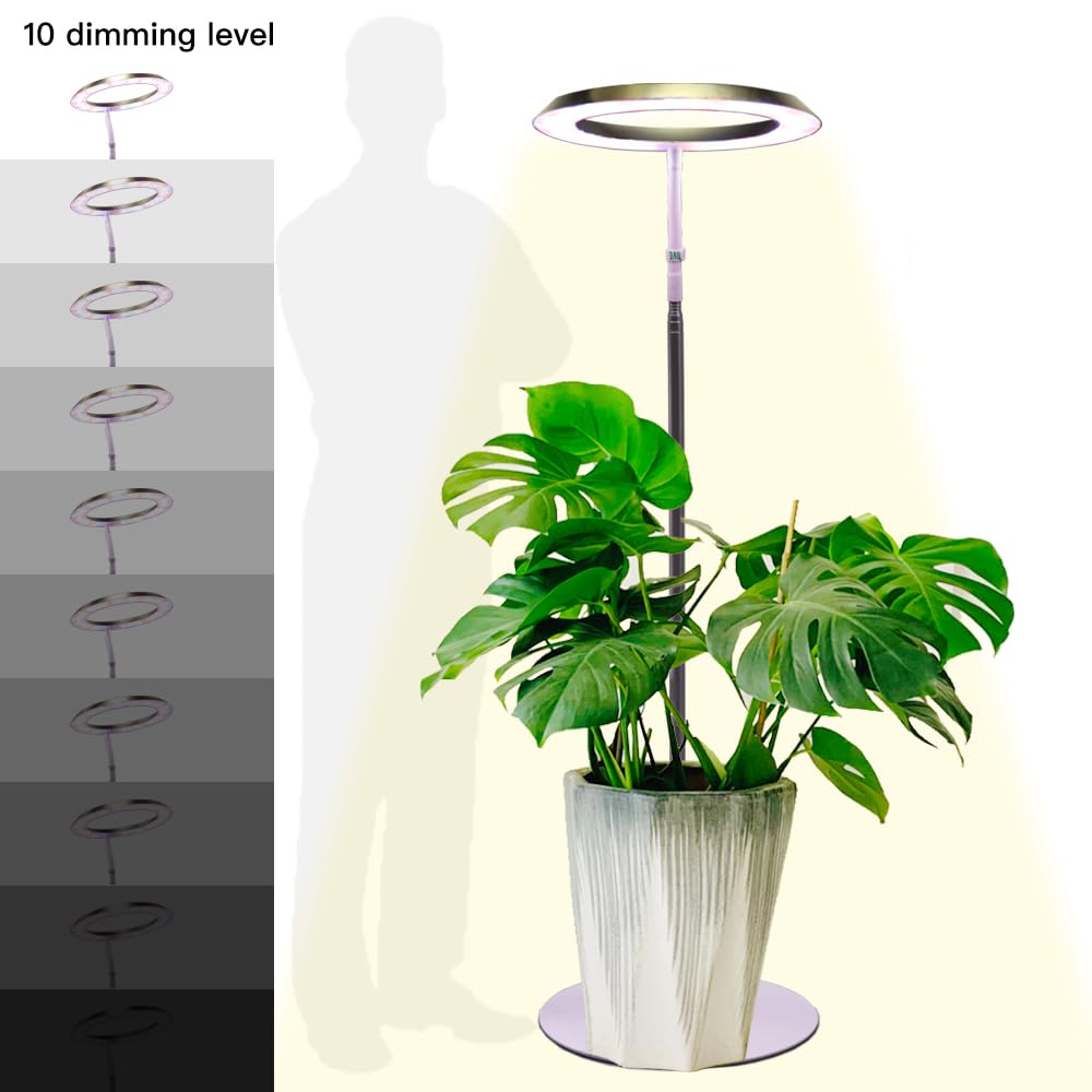 Qux 10” Halo Pro Grow Light,Full Spectrum LED Freestanting Plant Grow Lamp with 3 Kind of Light Colors switchover & 10-Level Dimmable,Auto On Off Timing 4/8/12Hrs for Indoor Larger Plants (Gold)