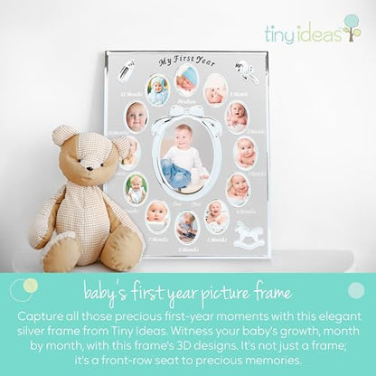 Tiny Ideas Baby’s My First Year Picture Frame, Monthly Milestone Photo Collage, 12 Month Baby Keepsake, Nursery Wall Decor and Baby Gift, Silver