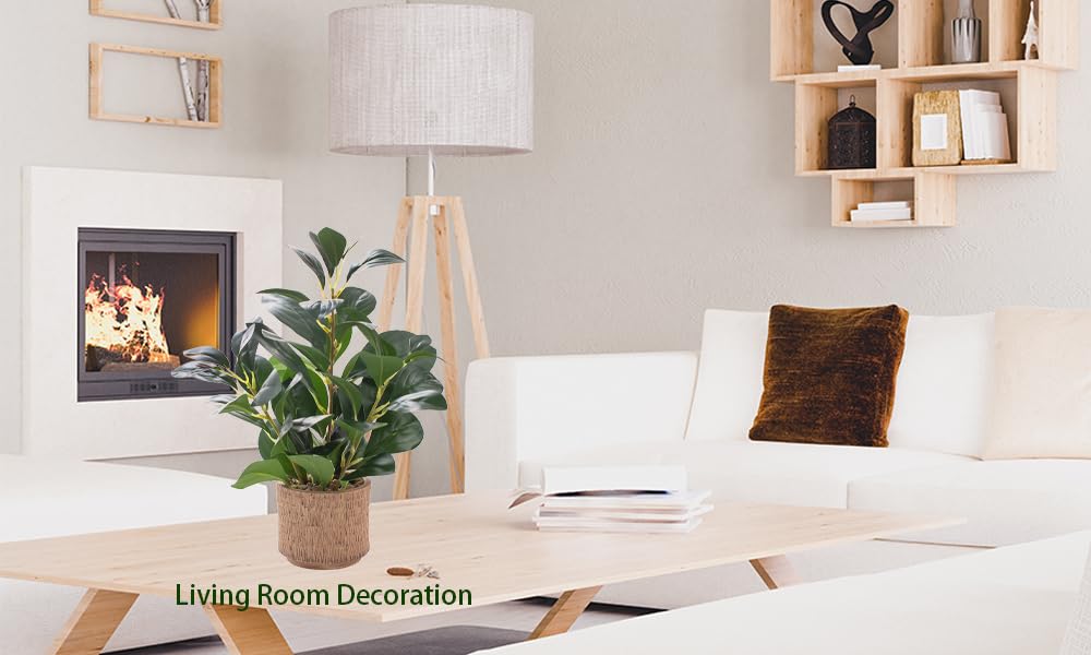 12.6" Fake Plants in Brown Ceramic Vase Real Looking and Touching Evergreen Ficus Leaf Faux Plant indoor for Book Shelf Bathroom Office Desk Kitchen Counter Bedroom Small Space Artificial Plant Decor